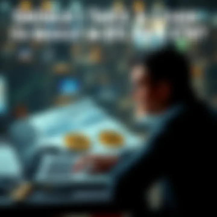 A thoughtful person looking at a laptop with cryptocurrency charts and financial documents spread out. They are contemplating a loan to invest in Bitcoin and Ethereum.