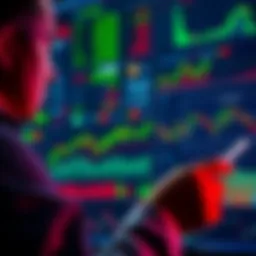 A person analyzing various cryptocurrency graphs and charts showing performance trends with some coins highlighted in green and others in red.