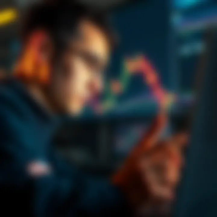 Person reflecting on cryptocurrency investments A person looking thoughtfully at cryptocurrency charts on a laptop, symbolizing emotional resilience in trading, with a calm expression.