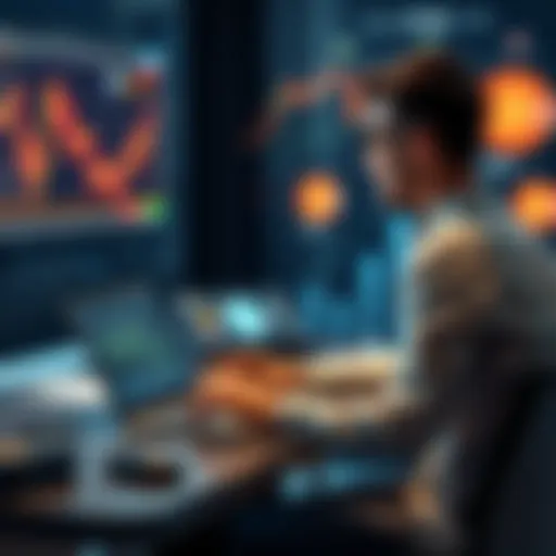A person sitting at a desk with a laptop, analyzing cryptocurrency market trends and charts.