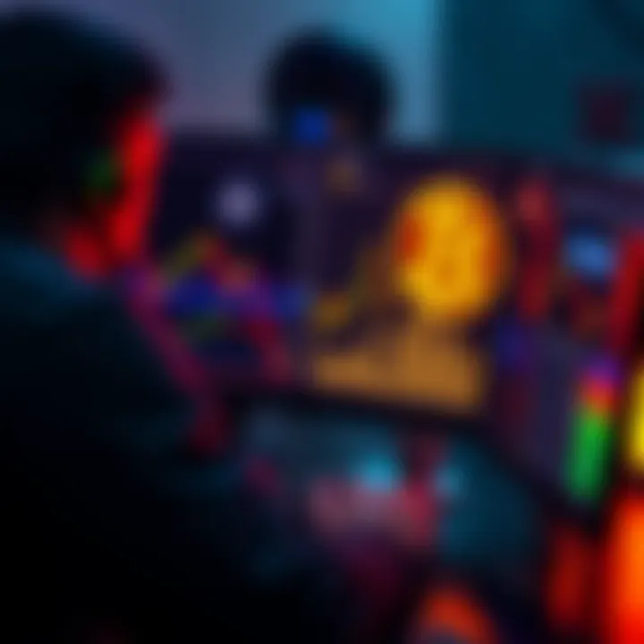 A person analyzing cryptocurrency charts and graphs on a computer, with symbols for Hbar, Algorand, Xlm, and Cosmos displayed on the screen.