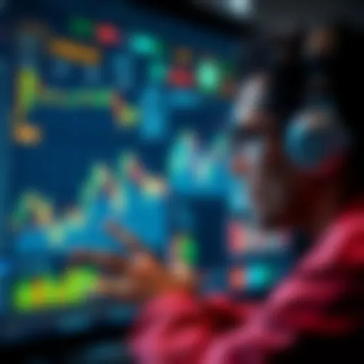 A person analyzing financial charts and graphs on a digital screen, focusing on cryptocurrency trends.