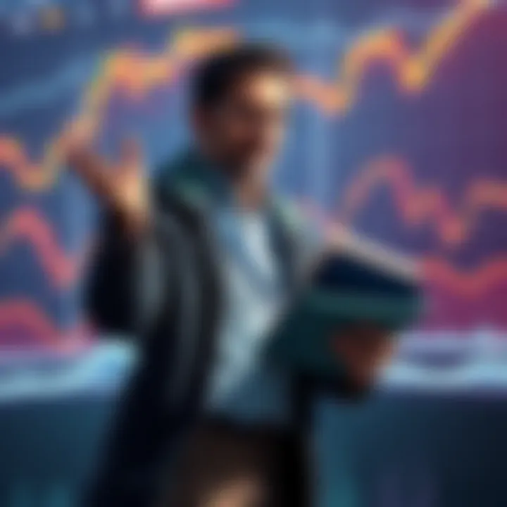 A crypto investor handing over a portfolio, looking relieved but concerned about the market, with charts showing decline in the background.