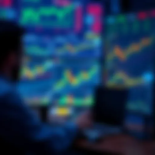 A trader analyzing charts on a screen with various cryptocurrency graphs and stock market data in the background