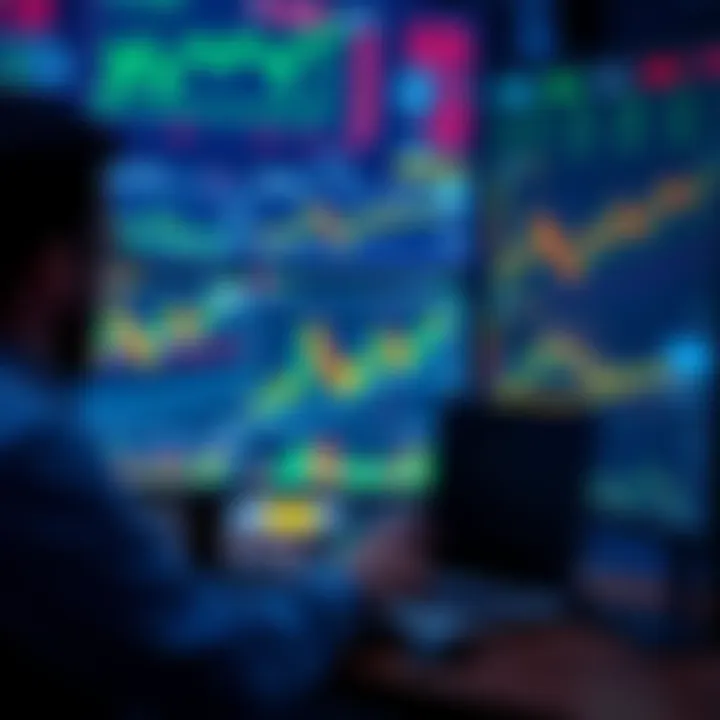 A trader analyzing charts on a screen with various cryptocurrency graphs and stock market data in the background