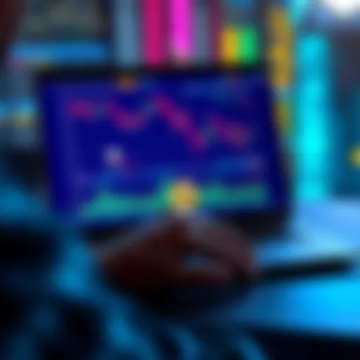 A person analyzing cryptocurrency trends on a laptop, showing various charts and digital currency symbols on the screen.