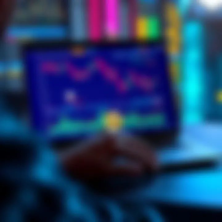 A person analyzing cryptocurrency trends on a laptop, showing various charts and digital currency symbols on the screen.