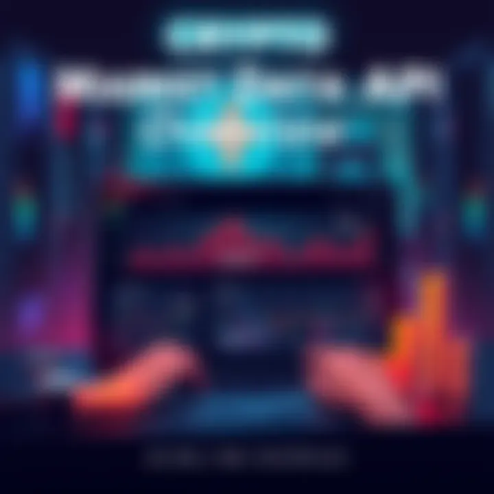 Illustration showing various crypto market data APIs providing live data for price, volume, and market cap on a dashboard.