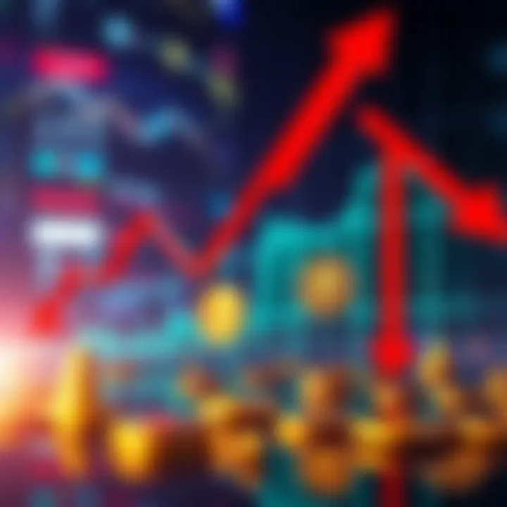 A downward trend graph representing the decline in cryptocurrency values, highlighting XRP and SOL coins with red arrows pointing down.