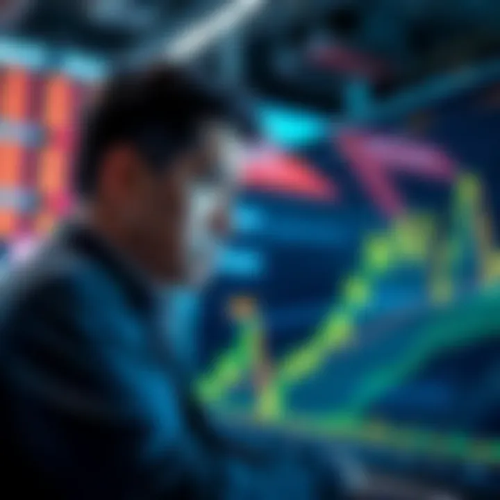 A graph depicting a downward trend in cryptocurrency values with a worried investor looking at the screen.