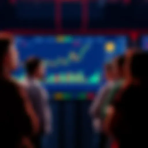 A group of people engaged in a conversation about cryptocurrency trends with charts and tokens on a screen in the background.