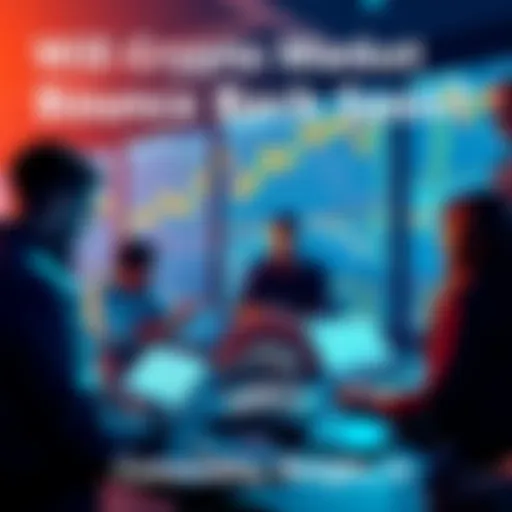 Group of people discussing cryptocurrency trends with charts and laptops