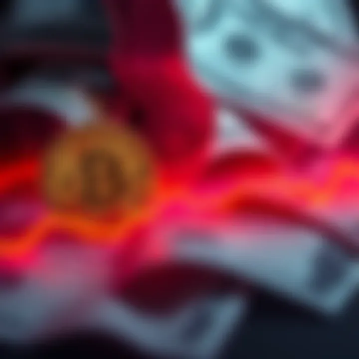 A graphic showing declining trends of Bitcoin and Ethereum prices over the past year with a background of dollar bills, symbolizing economic issues.