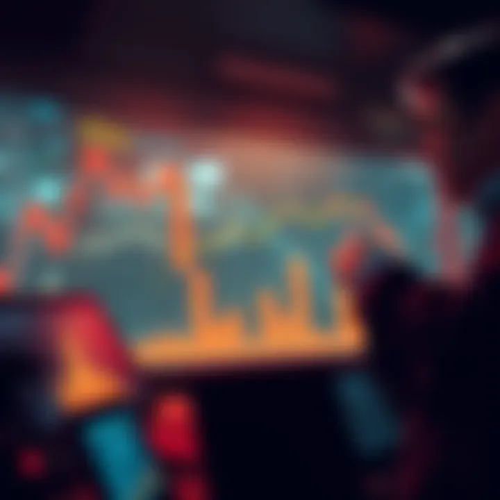 A graph showing a downward trend in cryptocurrency values with worried investors looking at screens in despair.