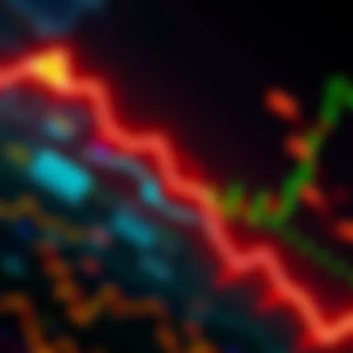 A digital graphic showing a downward trend in cryptocurrency values with warning signs and fluctuating graphs.