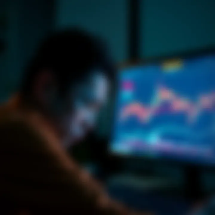 A person looking stressed while staring at a computer screen displaying fluctuating cryptocurrency charts