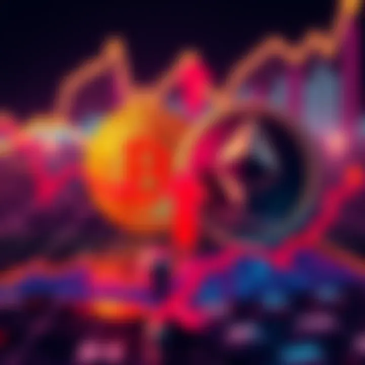 Bitcoin and Ethereum logos with upward arrows showing market growth