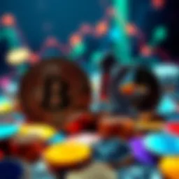 Bitcoin and Ethereum logos with upward arrows symbolizing market growth, surrounded by various altcoin symbols.