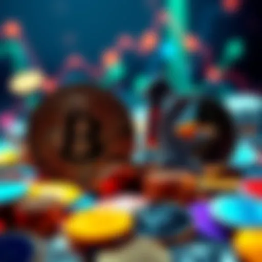 Bitcoin and Ethereum logos with upward arrows symbolizing market growth, surrounded by various altcoin symbols.