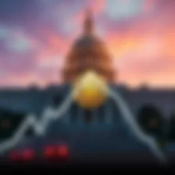 A graphic showing a downward trend in cryptocurrency values, with Bitcoin highlighted and a government building in the background, symbolizing the impact of government shutdown on the market.