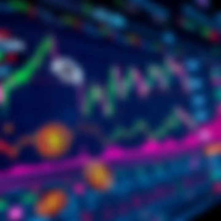 A vibrant digital display of cryptocurrency charts and trends with glowing tokens representing different cryptocurrencies.