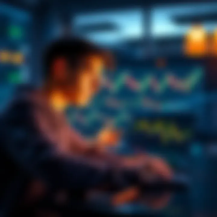 A young man studying cryptocurrency trends on a laptop with graphs and charts on the screen.