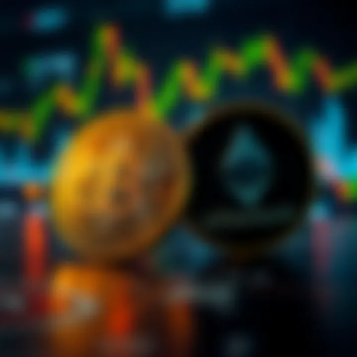 A graphic showing Bitcoin and Ethereum logos with fluctuating price charts, illustrating the changing trends in the cryptocurrency market.