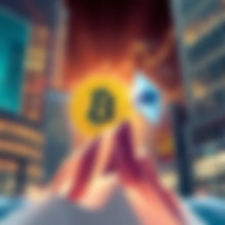 An illustration showing a Bitcoin symbol and Ethereum logo rising together, with a backdrop of traditional financial buildings and charts, symbolizing the integration of crypto into mainstream finance...