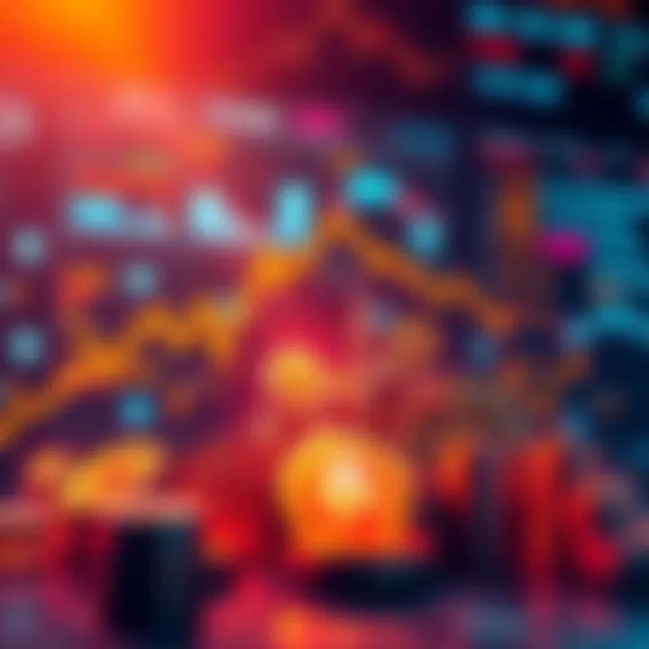 Crypto Market Trends A graph showing rising and falling trends in cryptocurrency prices with various coins symbolically represented