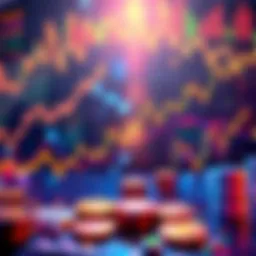 An overview of digital currency trends with rising and falling charts, coins, and technology symbols