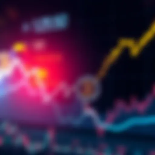 Graph showing a downward trend in cryptocurrency prices with symbols of Bitcoin and altcoins