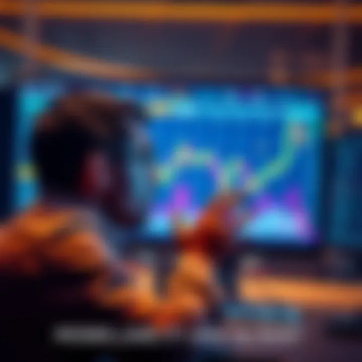 A graph showing sharp fluctuations in cryptocurrency prices with a worried investor looking at a screen displaying crypto charts.