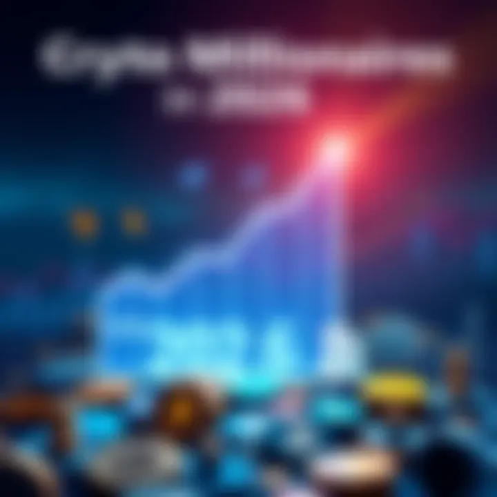 A graphic showing a rising bar chart representing the increase in cryptocurrency millionaires from 2021 to 2026, with symbols of various cryptocurrencies around it.