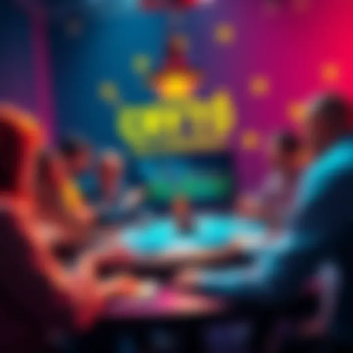 Crypto Millionaires Card Game A colorful card game showcasing crypto elements like coins and market charts, with players gathered around a table enjoying the game.
