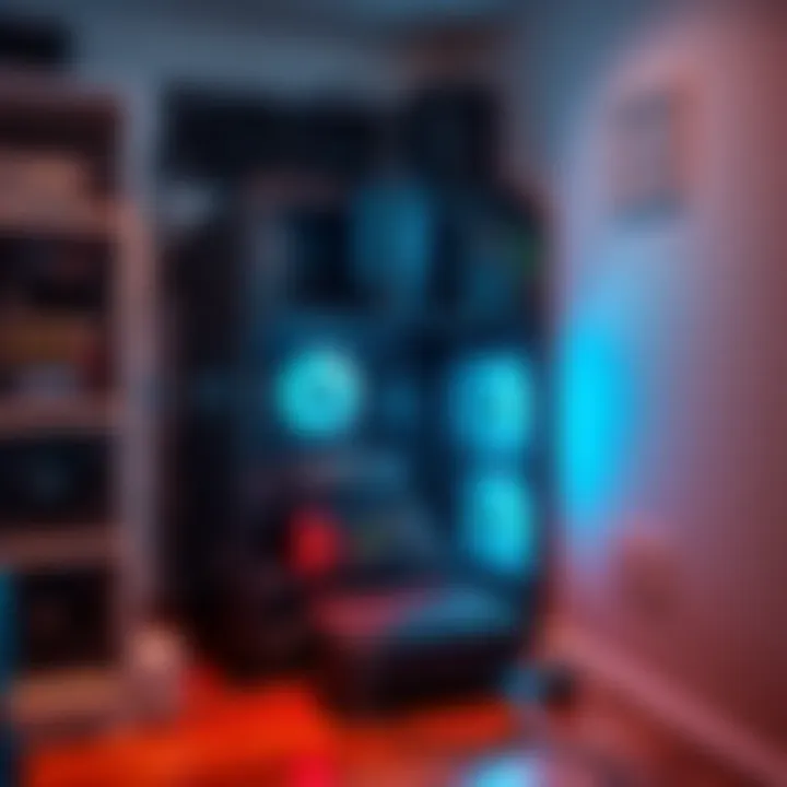 A computer rig with multiple GPUs set up in a small apartment space for crypto mining, with a focus on power supply and cooling fans.