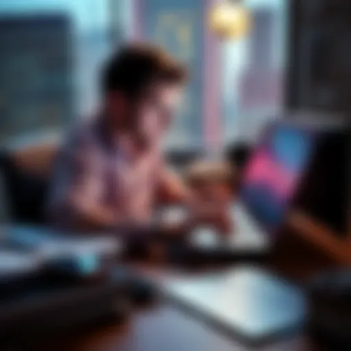A person sits at a desk focused on reading cryptocurrency news on a laptop, surrounded by papers and a smartphone showing market data.
