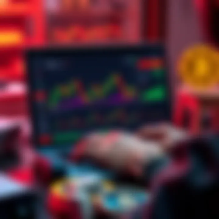 A person looking at cryptocurrency charts on a laptop, with various crypto symbols visible on the screen.