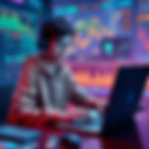 A 21-year-old developer working on a laptop, designing a non-custodial crypto payment app, surrounded by digital finance graphics and charts.