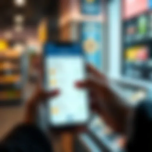 A person using a phone to pay with cryptocurrency at a checkout, showing an app interface with crypto wallet options.