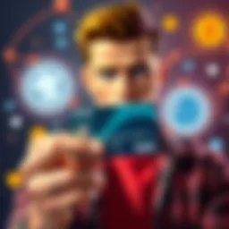 A person holds a crypto payment card while looking concerned about fees and security issues, surrounded by symbols representing KYC regulations and digital currency.