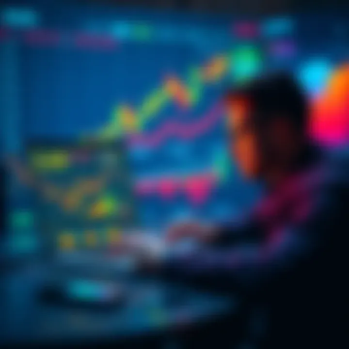 A person reviewing different crypto platforms on a laptop, with charts and graphs in the background indicating market trends.