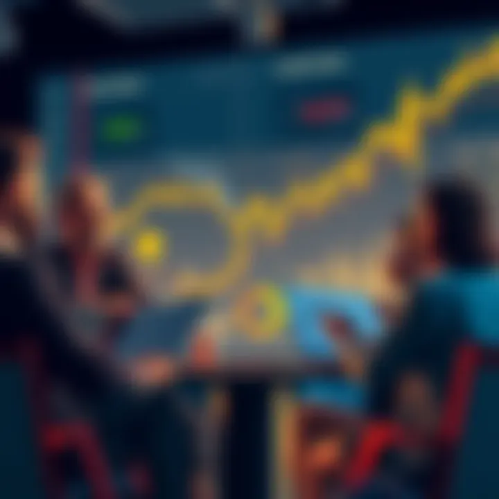 Crypto Portfolio Discussion A group of people discussing cryptocurrency investment strategies with charts and graphs in front of them.