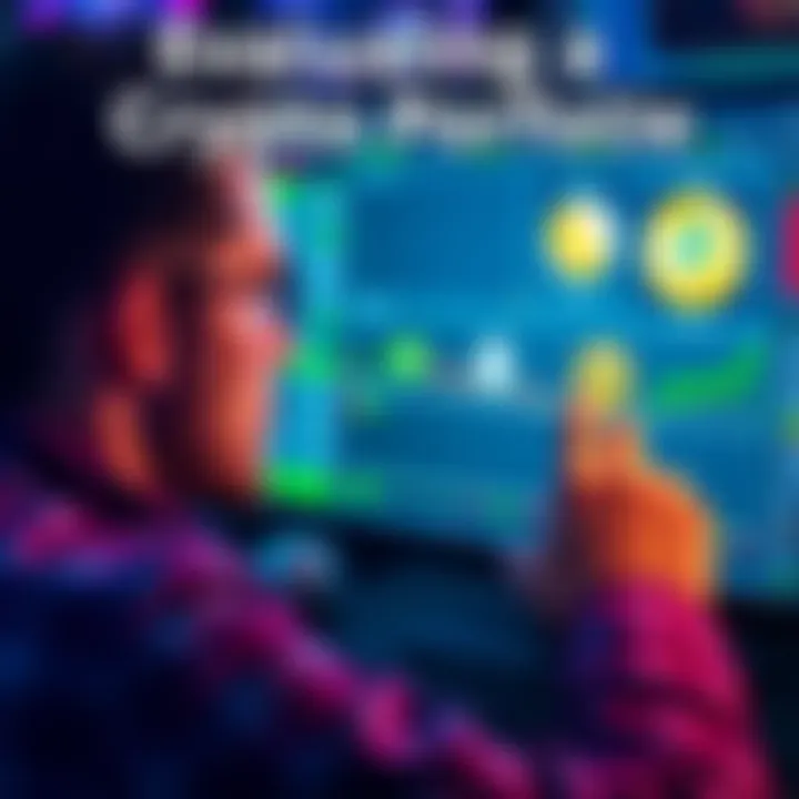 A first-time trader looks at a screen displaying various cryptocurrencies like AVA, Filecoin, Doge, Algorand, and Cardano while analyzing their portfolio.