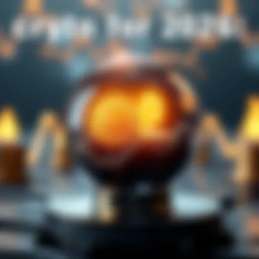 A crystal ball showing symbols of Bitcoin and Gold with upward trend lines in the background