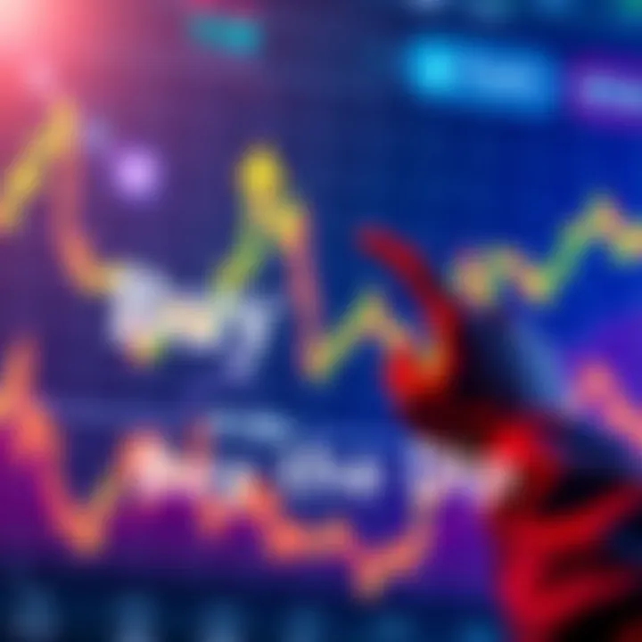 A graph showing falling crypto prices with a person excitedly pointing at the lower rates, symbolizing buying opportunities.