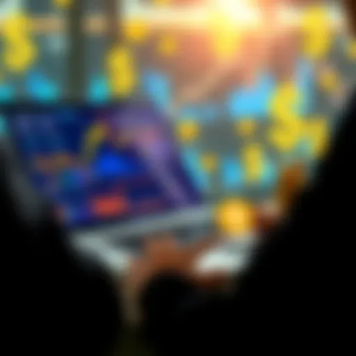 A person analyzing cryptocurrency charts and graphs on a laptop, with dollar signs and coins in the background, symbolizing profit opportunities.