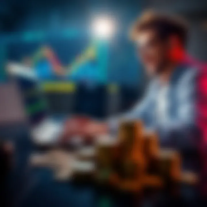 A person analyzing cryptocurrency charts on a laptop with a stack of coins on the table, looking excited about potential profits.