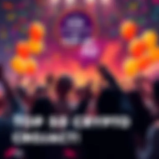 A vibrant celebration scene with people cheering and holding banners for a cryptocurrency project ranking in the top 50, featuring balloons and confetti in the background.