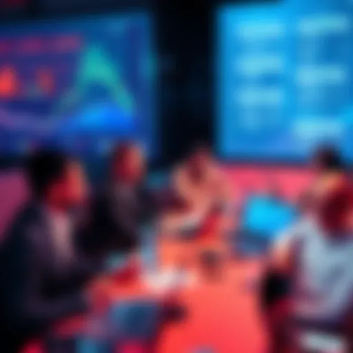 A group of people discussing cryptocurrency regulations at a table with laptops and charts