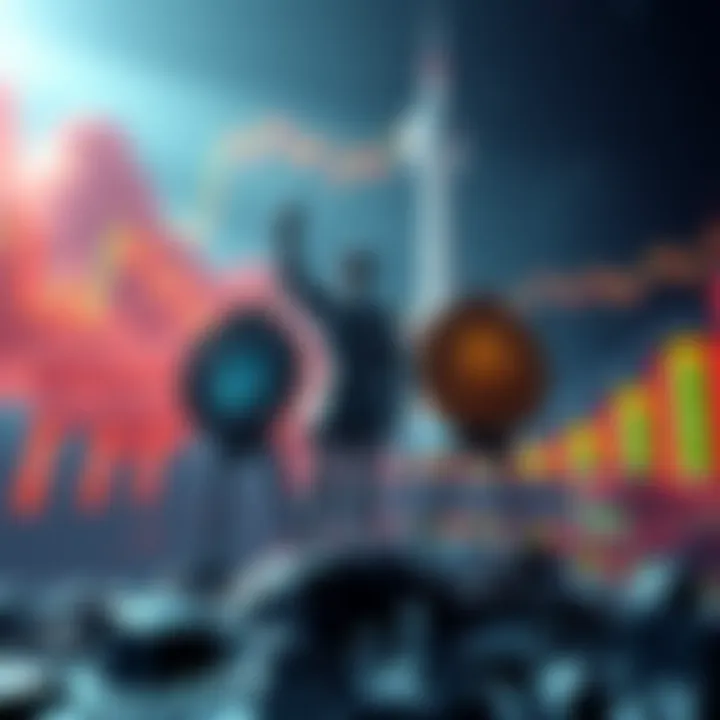 Crypto Resilience A visual representation of cryptocurrency symbols standing strong against a backdrop of global conflict and stock market charts.